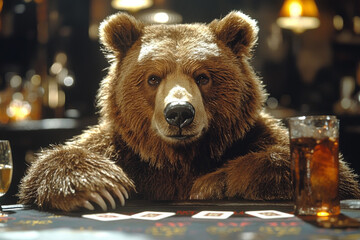 Animal Bear plays poker blackjack in a casino, fantasy