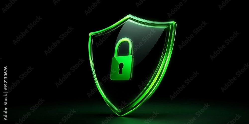 Poster a digital shield with a lock icon glowing in green on a black background, symbolizing the protection