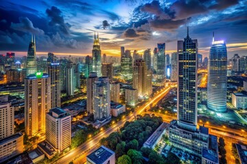 A city skyline at night with a beautiful sunset in the background