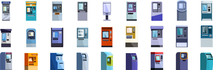 Subway ticket machine icons set. Diverse set of payment terminals featuring various designs and functionalities, highlighting the evolution of self service payment technology