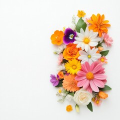Obraz premium A vibrant arrangement of colorful flowers on a white background, showcasing a variety of blooms in different shapes and sizes.