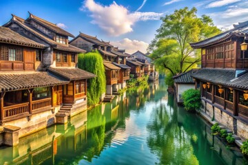 Obraz premium Traditional Chinese architecture and serene canals define the historic Wuzhen Ancient Water Town in Hangzhou, China on a sunny day.