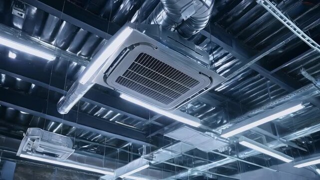 video of ceiling-mounted cassette-type air conditioning units, accompanied by additional components of the ventilation system