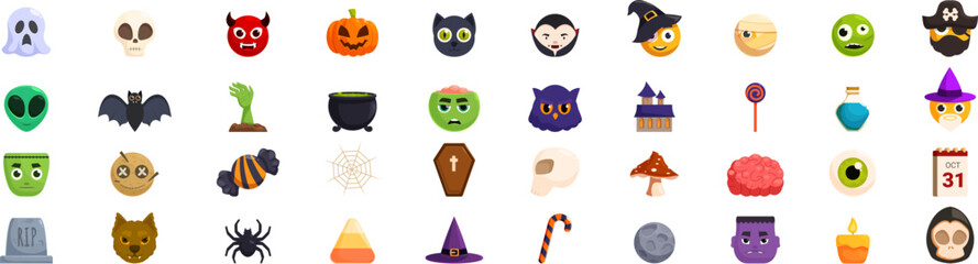 Halloween emoji icons set. This vibrant set of icons captures the spooky spirit of halloween with its depiction of traditional symbols and characters