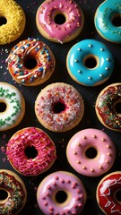 Fototapeta premium A row of colorful donuts with sprinkles and frosting