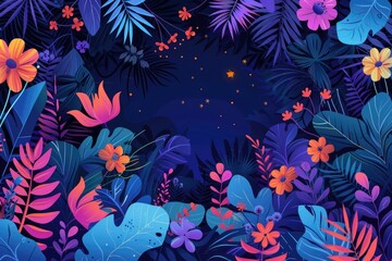 A nighttime scene featuring lush tropical plants and colorful flowers