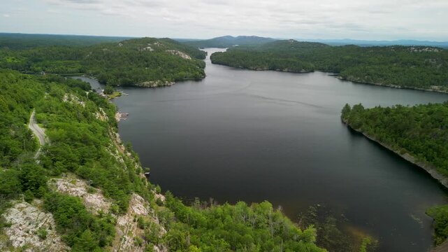 Aerial view of lake along rocky coastline on Manitoulin Island wilderness, Ontario, Canada