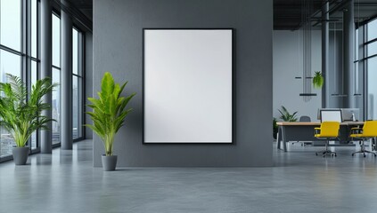 A large blank white poster frame is on the wall of an open office space with concrete floors