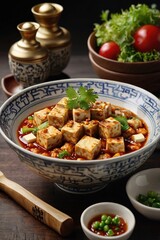 A bowl of tofu soup with a bunch of green herbs on top