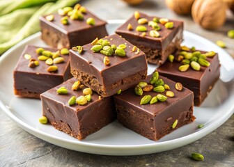 Rich, creamy, and crunchy homemade chocolate fudge squares studded with green pistachios, arranged on a pristine white ceramic plate.