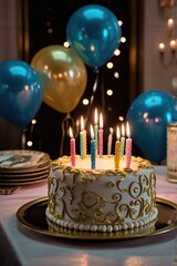 A birthday cake with candles on it is lit up in front of a table with plates