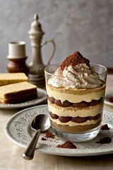A dessert with a chocolate topping sits in a glass on a white plate