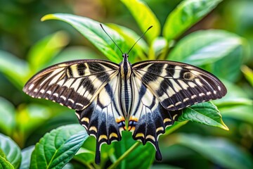 Obraz premium Black and Yellow Butterfly on Green Leaves.