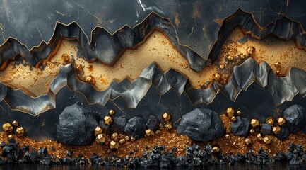 Obraz premium 3D Abstract Background Black Gold Rocks Crystals Geometric Shapes