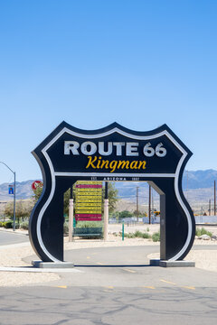 Historic Route 66 sign at Kingman visitor center and museum in Kingman, Arizona.