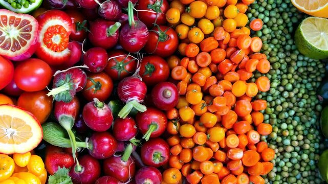 Assorted fresh vegetables and fruits arranged in rows, including radishes, carrots, peas, limes, and zucchini.