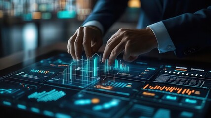 A businessman interacts with a futuristic touchscreen display, analyzing data trends and visualizations in a modern office environment.