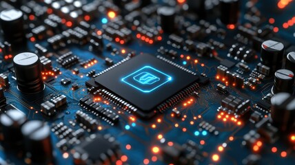 Obraz premium Close-up view of a microprocessor on a circuit board showcasing intricate details and glowing components.