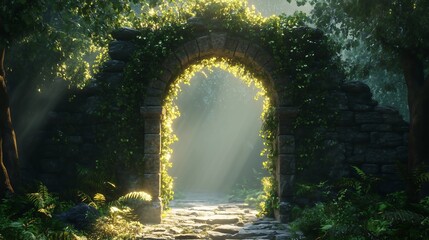 fantasy scene with a portal archway covered in creepers. In the fantasy world, ancient magical stone gate show another dimension