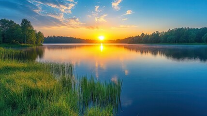Obraz premium Breathtaking sunset over a tranquil lake, reflecting vibrant colors and surrounded by lush greenery, creating a serene atmosphere.