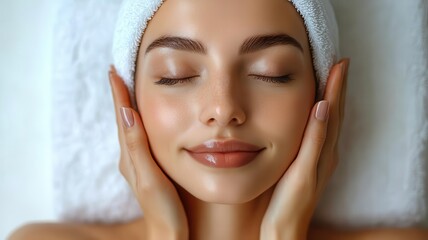 Radiant Woman Receiving Relaxing Facial Massage on White Background