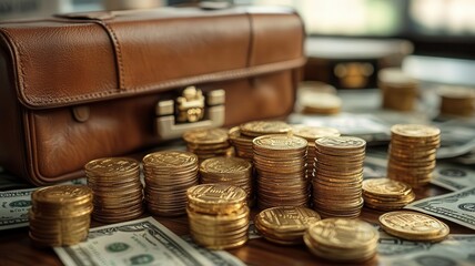 A collection of gold coins and dollar bills arranged alongside a classic leather briefcase, symbolizing wealth and finance.