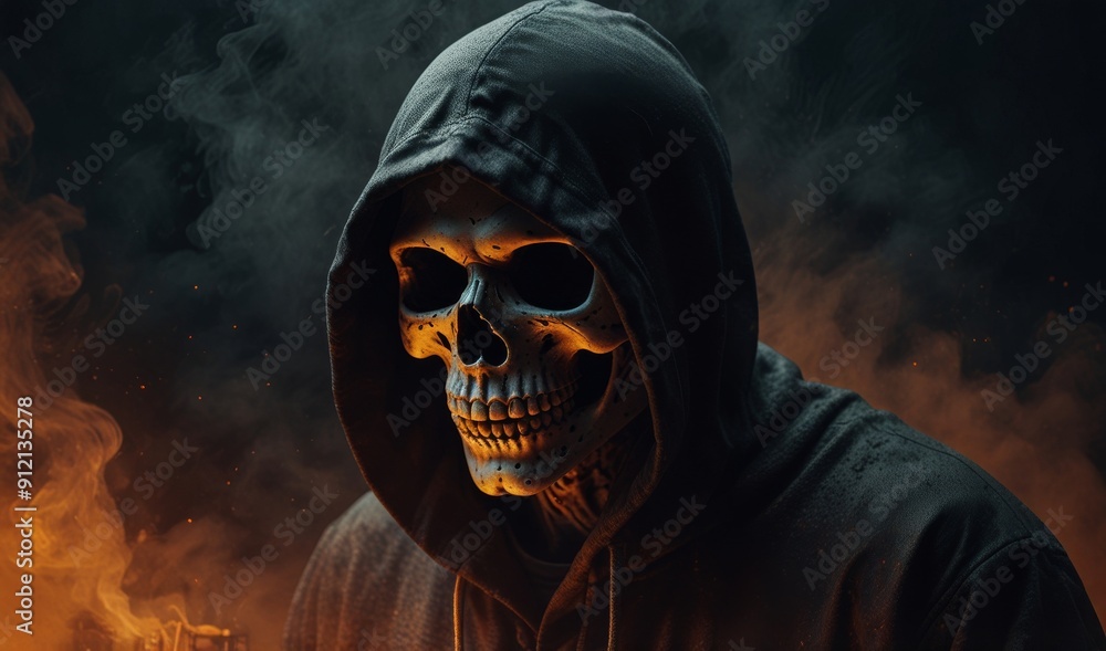 Wall mural Mysterious hooded figure with a skull face surrounded by orange smoke on a dark background, concept of horror and fantasy