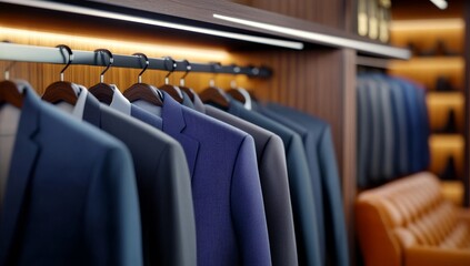 Fototapeta premium A luxurious men's wardrobe with a leather sofa, surrounded by neatly arranged suits