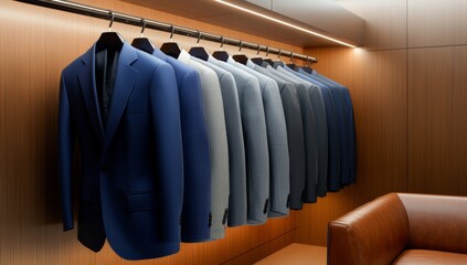 Obraz premium A luxurious men's wardrobe with a leather sofa, surrounded by neatly arranged suits