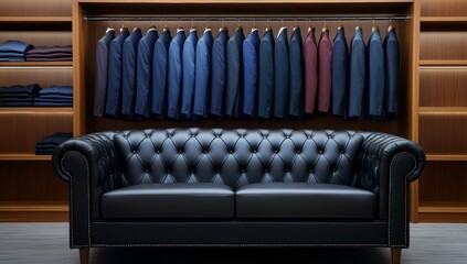 Obraz premium A luxurious men's wardrobe with a leather sofa, surrounded by neatly arranged suits