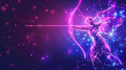 A luminous archer aiming into outer space, in an unearthly artistic style, against the background of a dark galaxy. The concept of astrology and zodiac signs. Sagittarius.