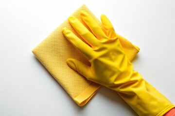 Yellow rubber glove holds a cleaning rag for thorough housekeeping and quality washing, emphasizing attention to detail, cleanliness.