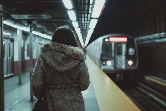 Woman waiting for train at subway station