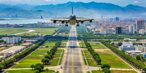 Aerial view of a military aircraft with foreign registration approaching landing at a busy international airport in Da Nang city.