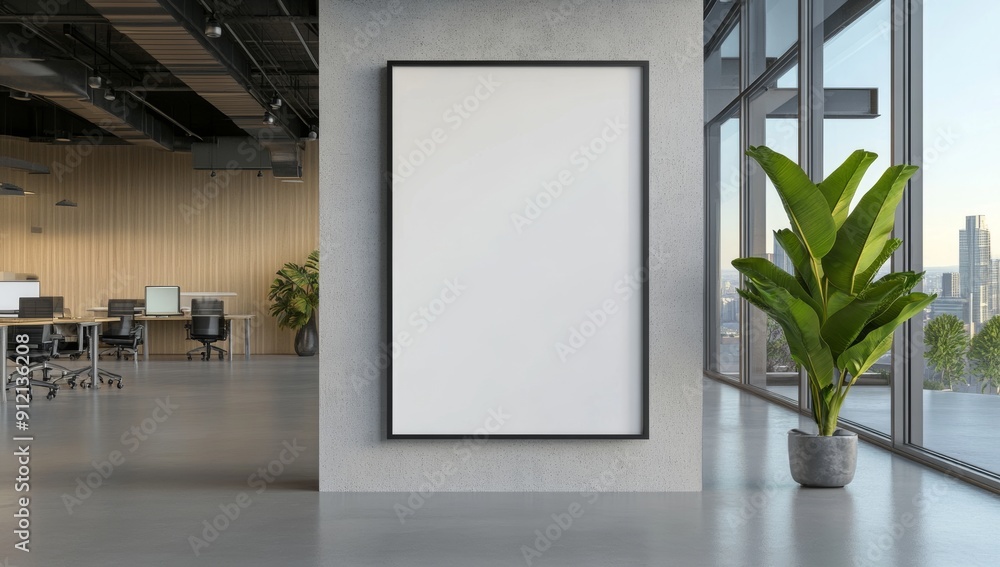 Aufkleber a mockup of an empty blank white poster frame on the wall in a large open office space with natural 