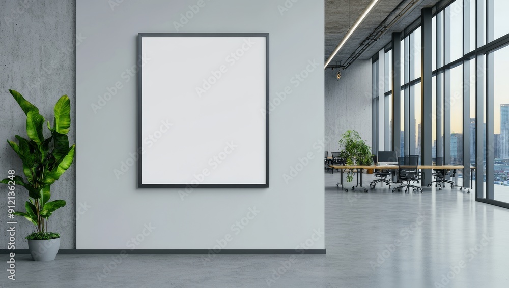 Poster a mockup of an empty blank white poster frame on the wall in a large open office space with natural 