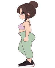 Cute, chubby girl in gym clothes, with clothes in light green and pink tones