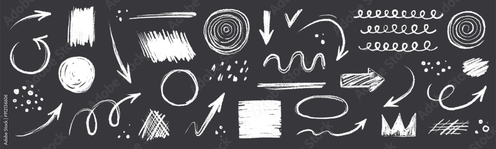 Aufkleber arrow line chalk hand drawn brush vector set. grunge square, spiral, arrow element scribble line bru