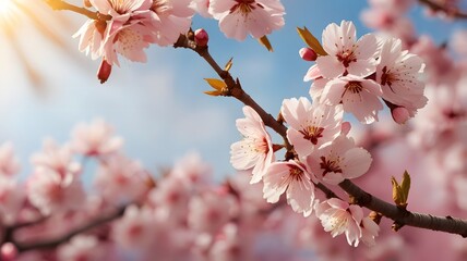 Horizontal banner with sakura flowers of pink color on sunny backdrop. Beautiful nature spring background with a branch of blooming sakura. Sakura blossoming season in Japan. Generative AI 