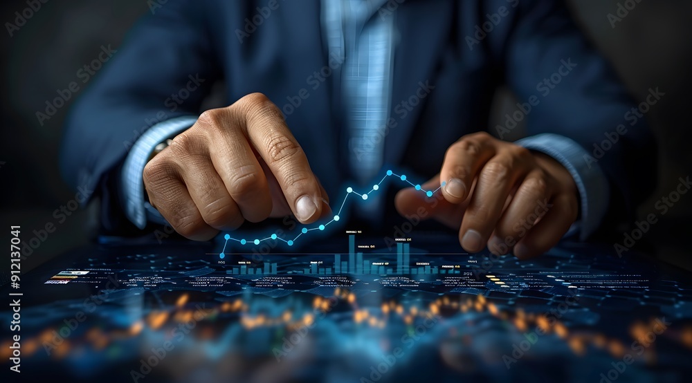 Poster a man is pointing at a graph on a computer screen. the graph shows a steady increase in numbers, whi