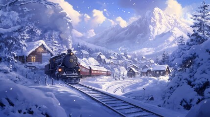 winter landscape with train and village