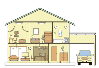 シンプルな住宅、一戸建て、家の断面図のイラスト　二階建て　駐車場と自動車　白背景