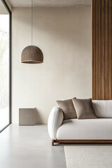 Luxury room interiors with natural lighting, warm colors, copyspace and minimal furniture. Minimalist residential interior design composition.