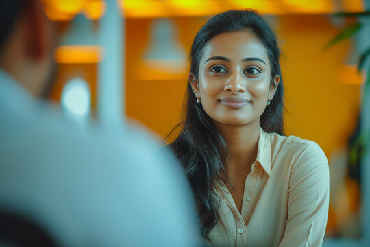 Smiling Young Woman in Professional Setting Having a Conversation