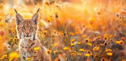 Lynx bobcat. Forest animal cub, eurasian cat. Autumn european, wildcat. Wild life portrait in flower field. Nature in Europe, Germany, Sweden, Slovakia, France. Wild fauna. Cute fall Lynx bobcat cub