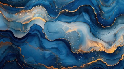 Abstract Blue and Gold Swirls Ink Art Background