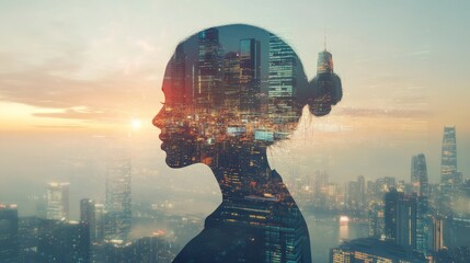 Double Exposure Image of Business Person on modern city background. Future business and communication technology concept. whut generative ai