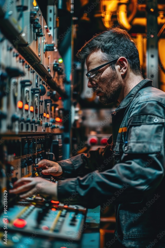 Poster worker using tools and machines in a busy factory setting