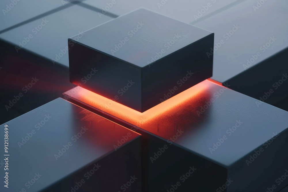 Poster a cluster of cubes with a bright red light illuminating one, perfect for use in technological or fut
