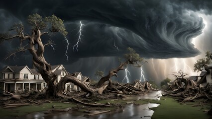 Fototapeta premium A storm is raging over a town, with houses destroyed and trees uprooted